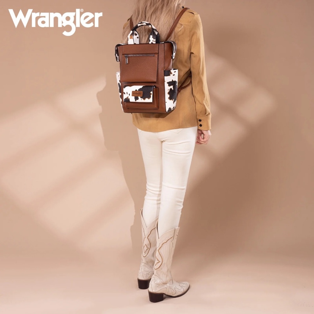 Wrangler Cow Print Tote/Shoulder Bag Convertible Backpack - Brown-Brown - Picture 2 of 5